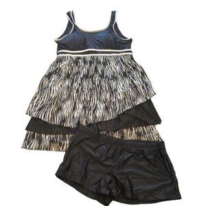 NEW Modest Swim Dress Tankini with Boy Shorts Black and White Zebra Women's L